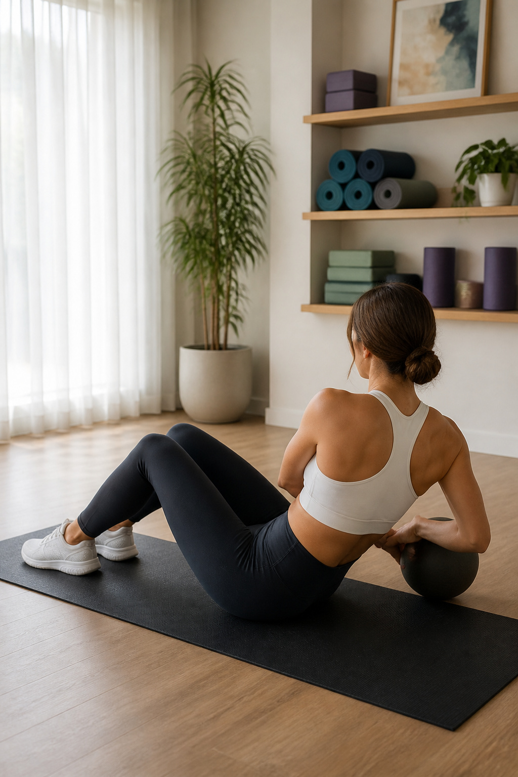 Individual doing Russian twists on a mat with bent knees.