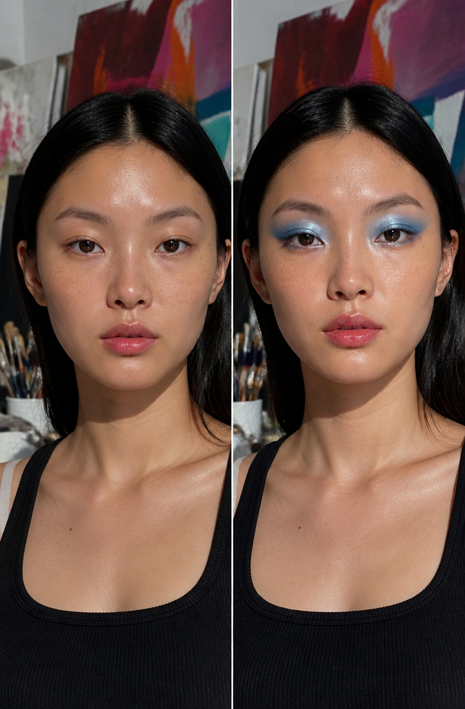 Model showcasing frosted eyeshadow in shades of blue and silver.