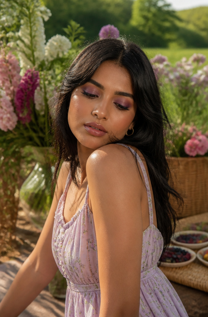 A model with gradient blackberry eyeshadow in an outdoor setting.