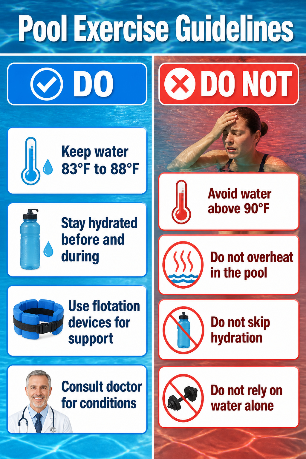 Infographic showing pool exercise temperature guidelines.