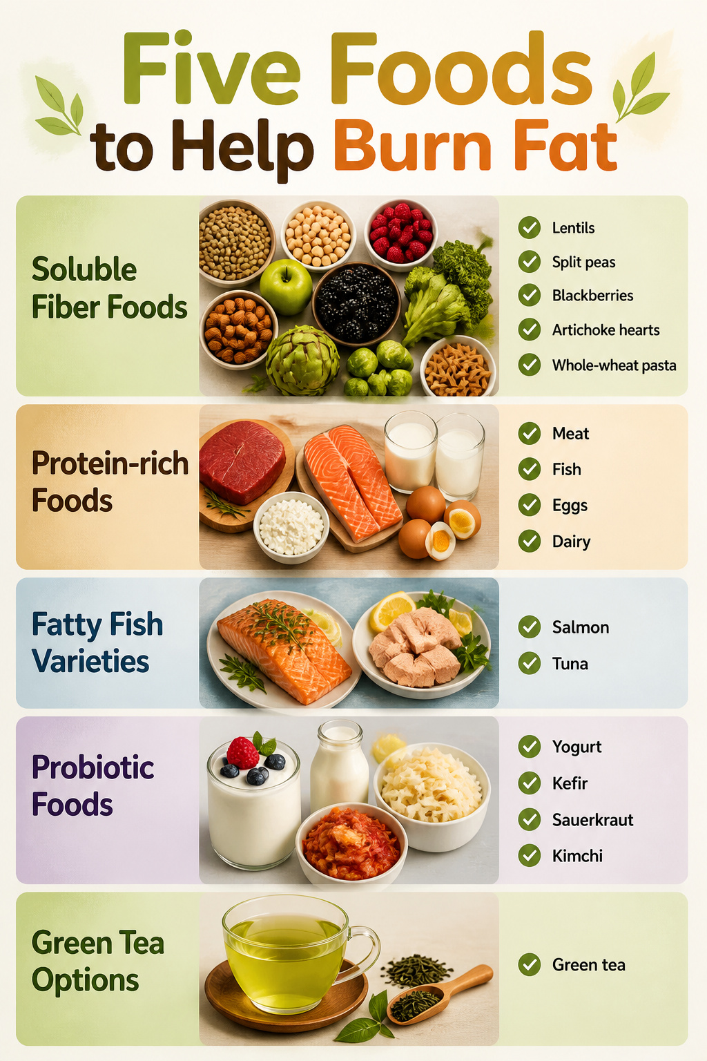 Infographic showing five food categories that help reduce belly fat.