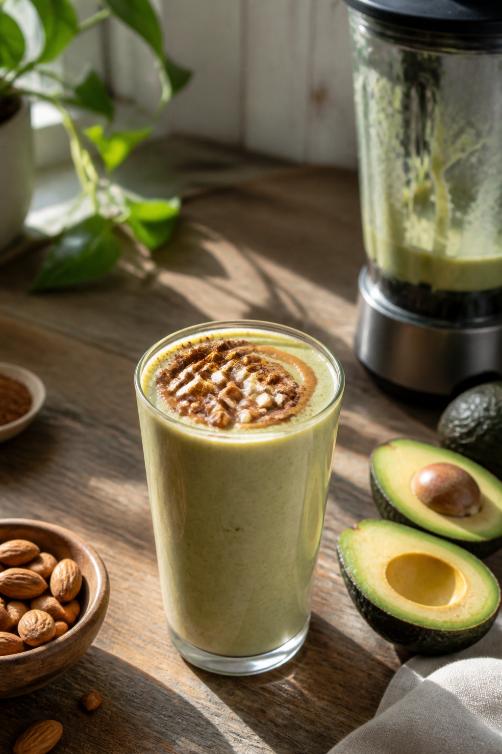 Green keto meal replacement shake in a glass with nuts and cocoa on top.