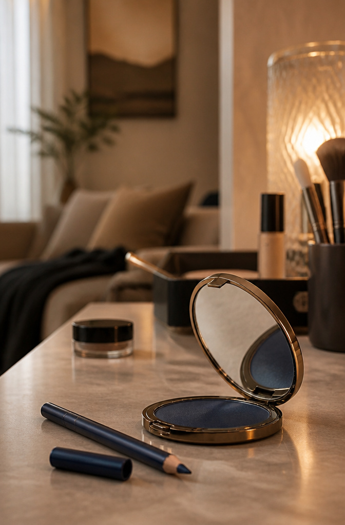 Model's eyes featuring a navy cat eye makeup look.