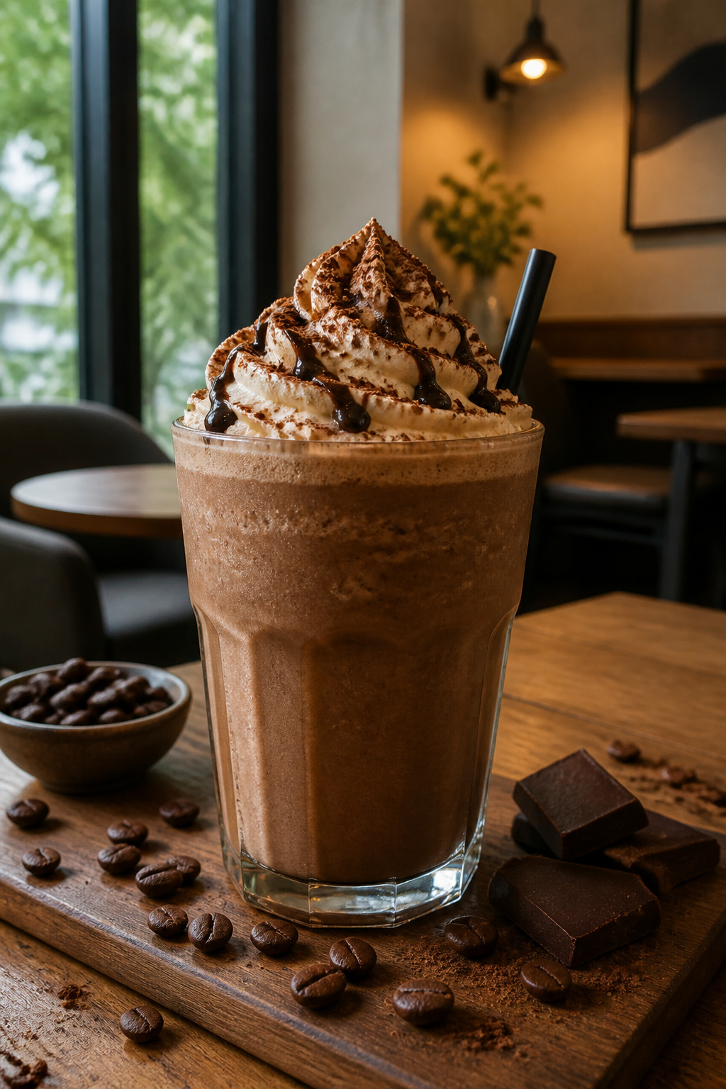 Mocha Frappe in a glass topped with whipped foam and chocolate drizzle.