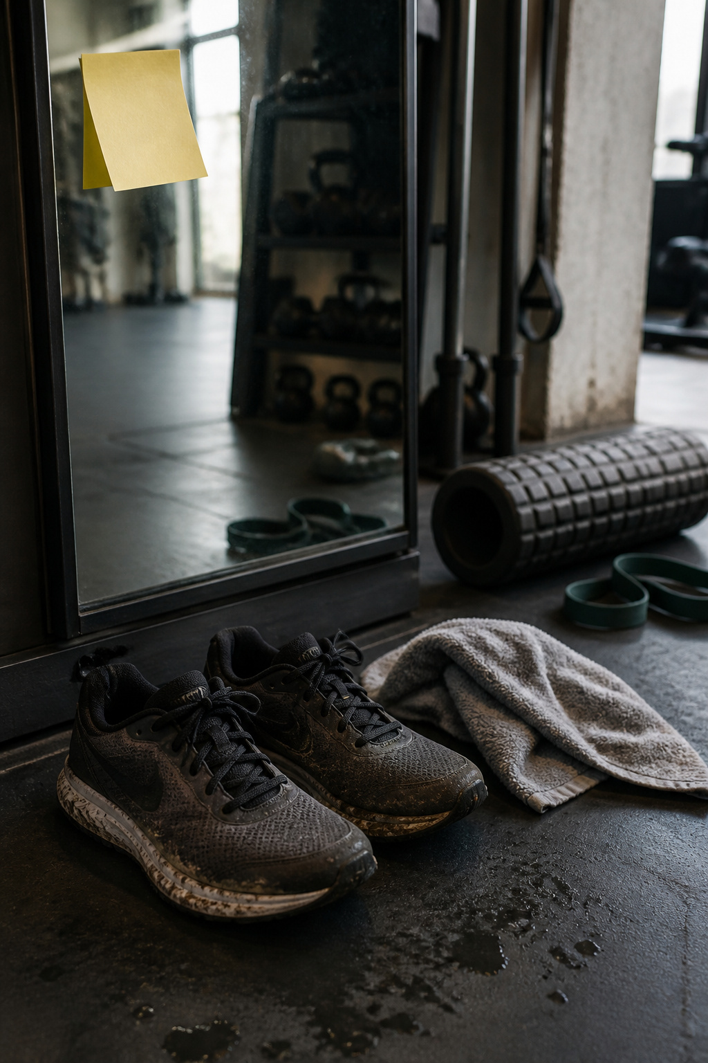 Pair of muddy running shoes and a damp towel at the gym entrance.