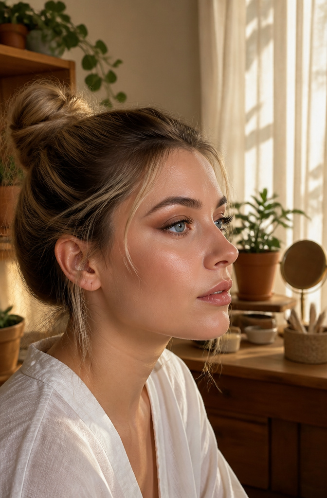 Side-profile of a model with blue eyes wearing brown eyeshadow.