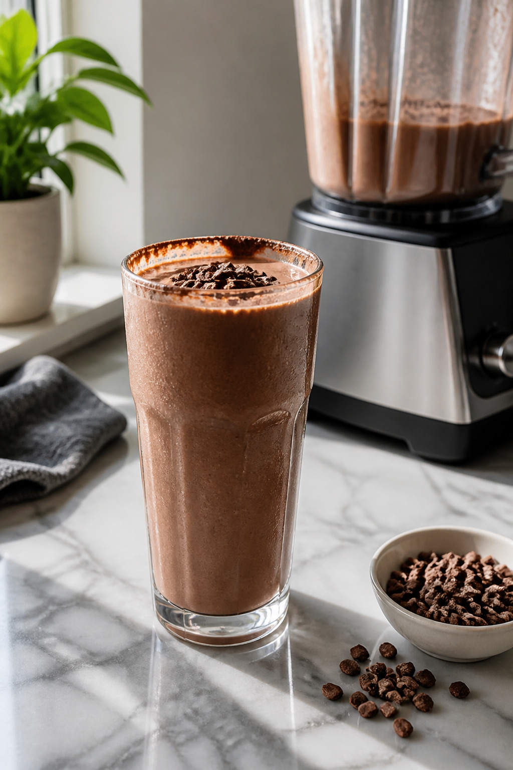 Chocolate keto protein shake in a glass with cocoa dust on the rim.