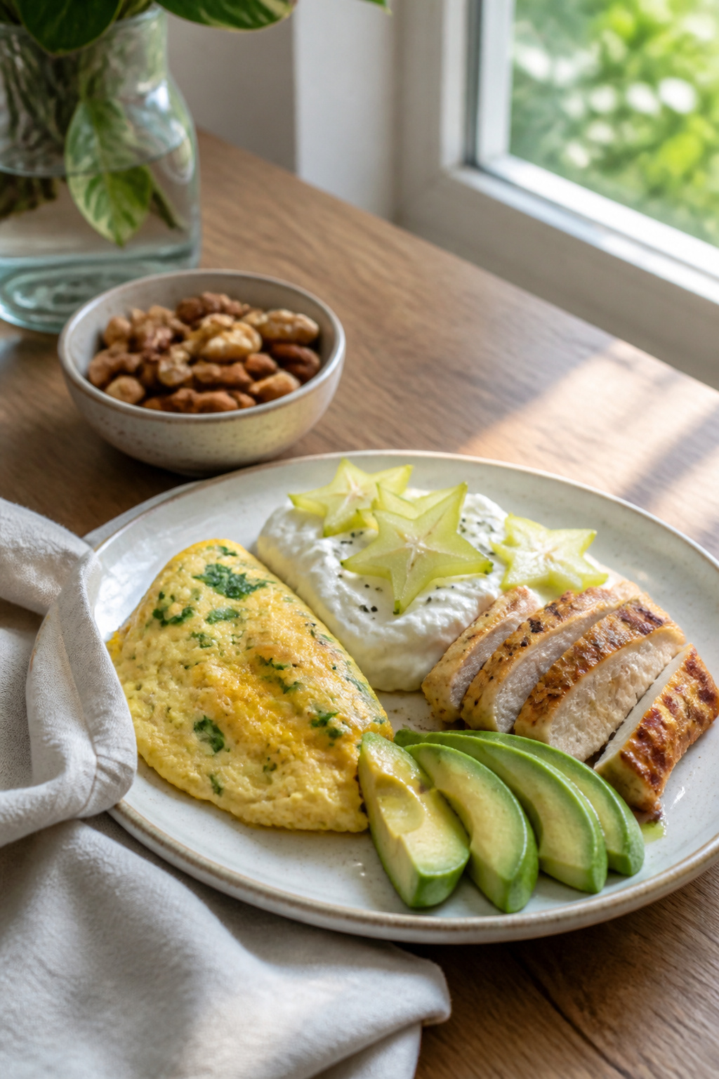 A colorful breakfast plate with an omelet, yogurt, chicken, and avocado.