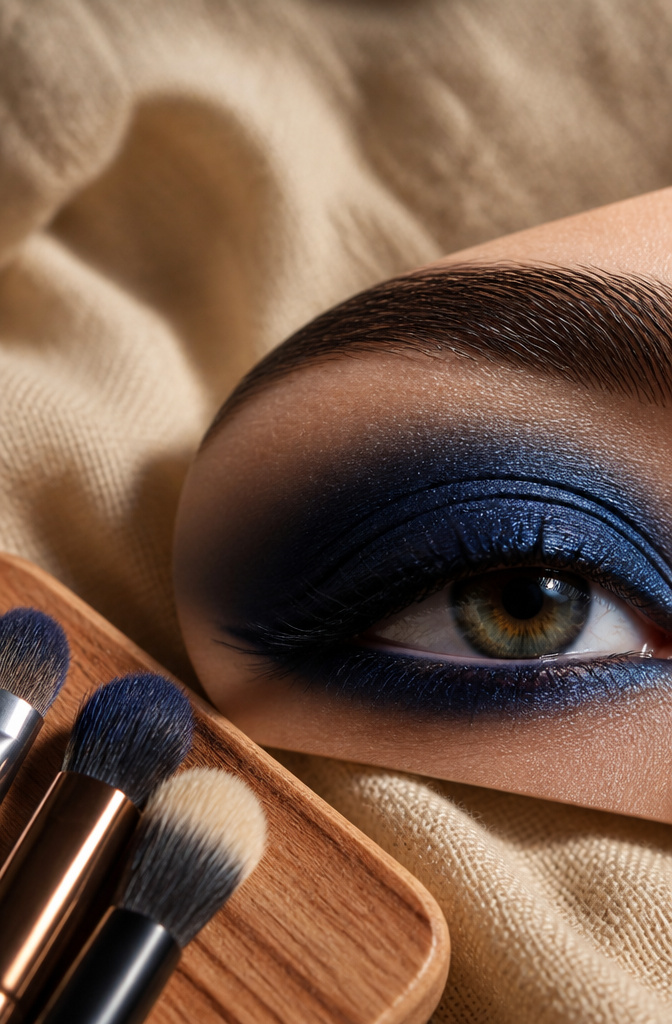 Smokey Eyes Blue: A Step-by-Step Tutorial for 2026 3 Close-up of navy blue eyeshadow applied to a model's eyelid.