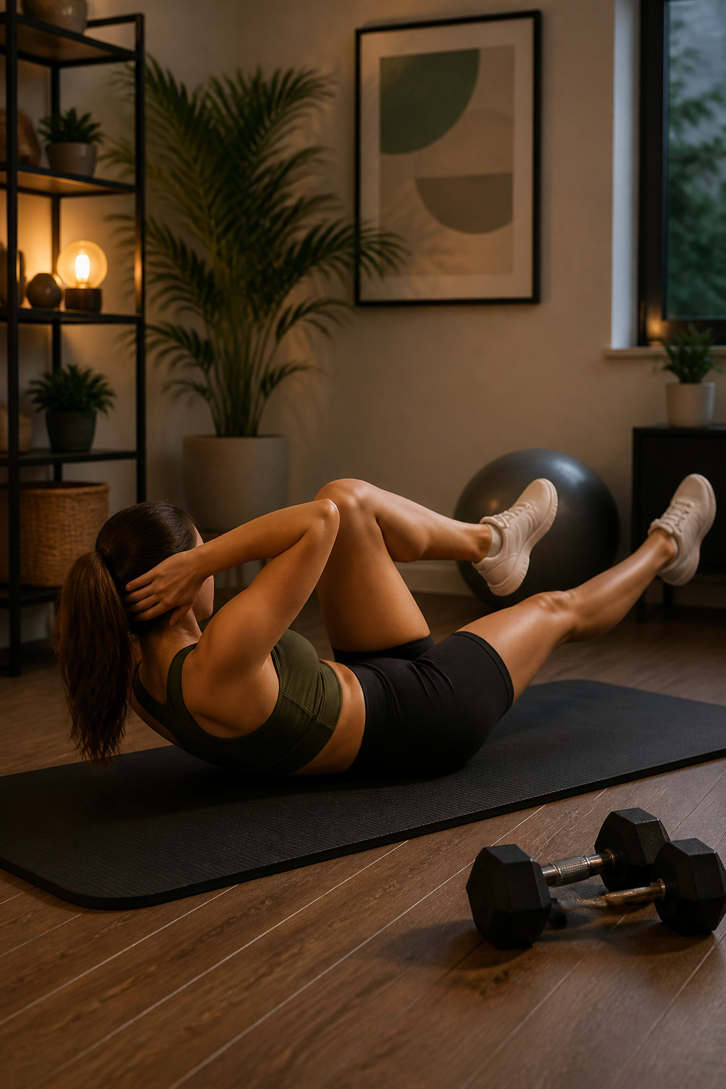 Person performing bicycle crunches with legs elevated.