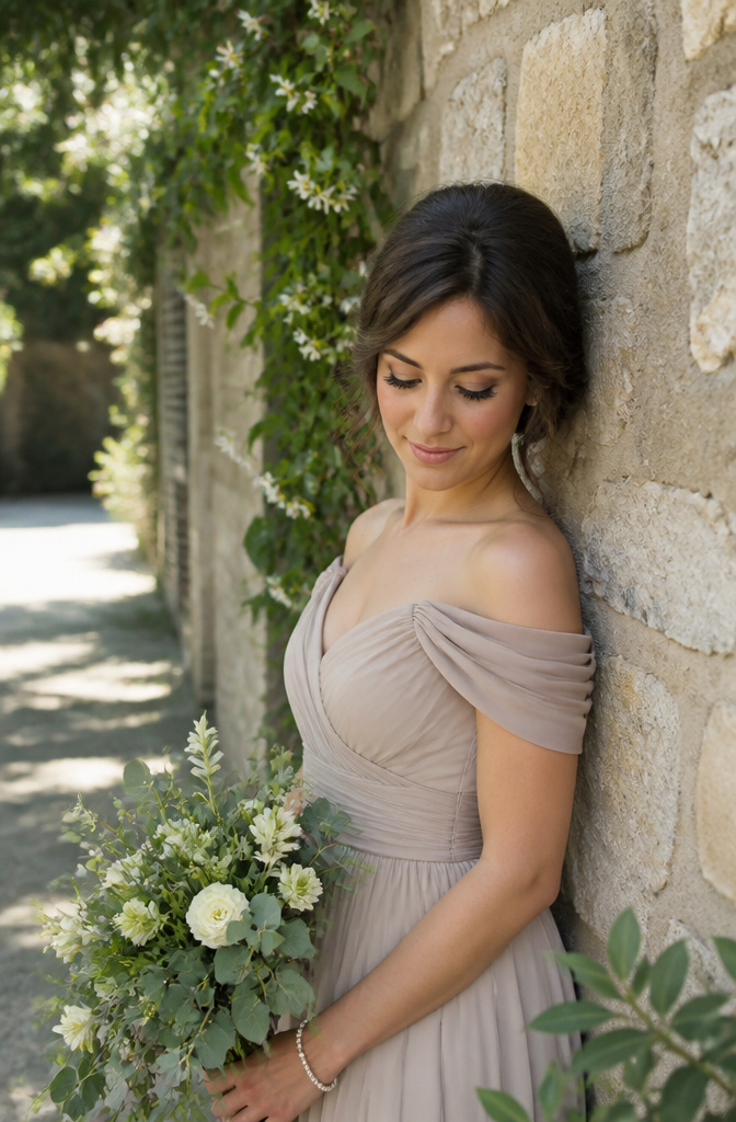Bridesmaid with soft glam makeup leaning against a stone wall.