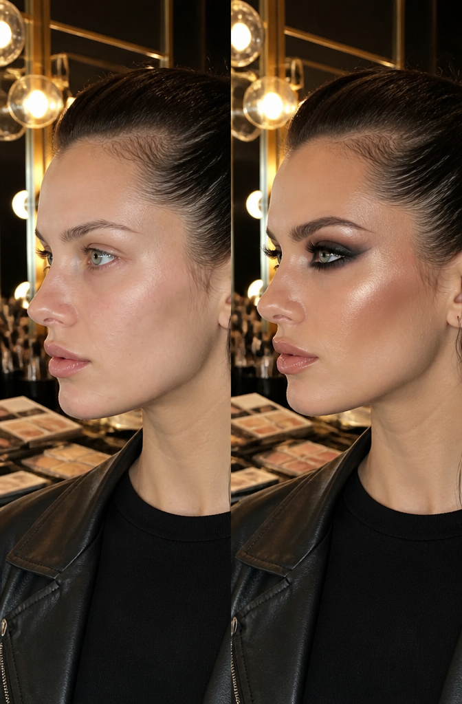 Makeup artist applying bronzer to model's cheek hollows.