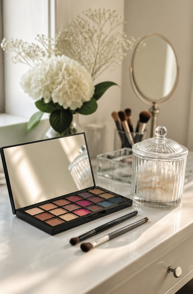 10 Steps to a Flawless Makeup Look (2026 Guide) 3 Open eye shadow palette with brushes on a white countertop.
