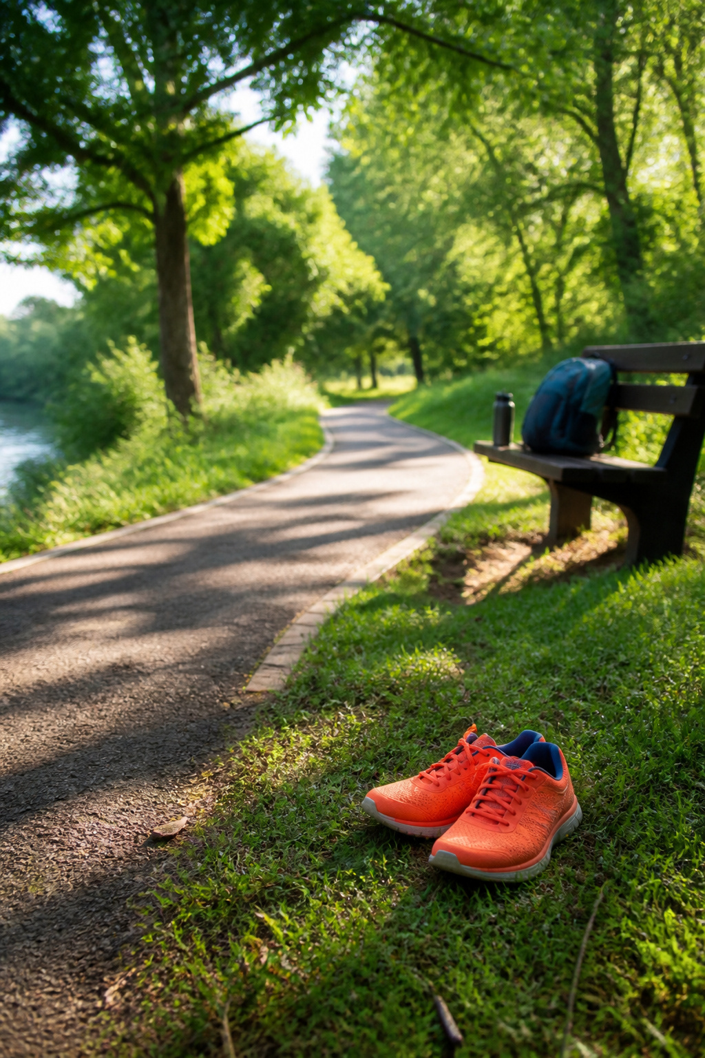 A park trail with running shoes and a water bottle on the grass.