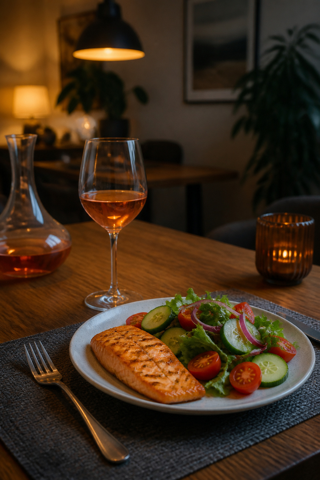 A dining table with wine and a plate of salmon and colorful vegetables.
