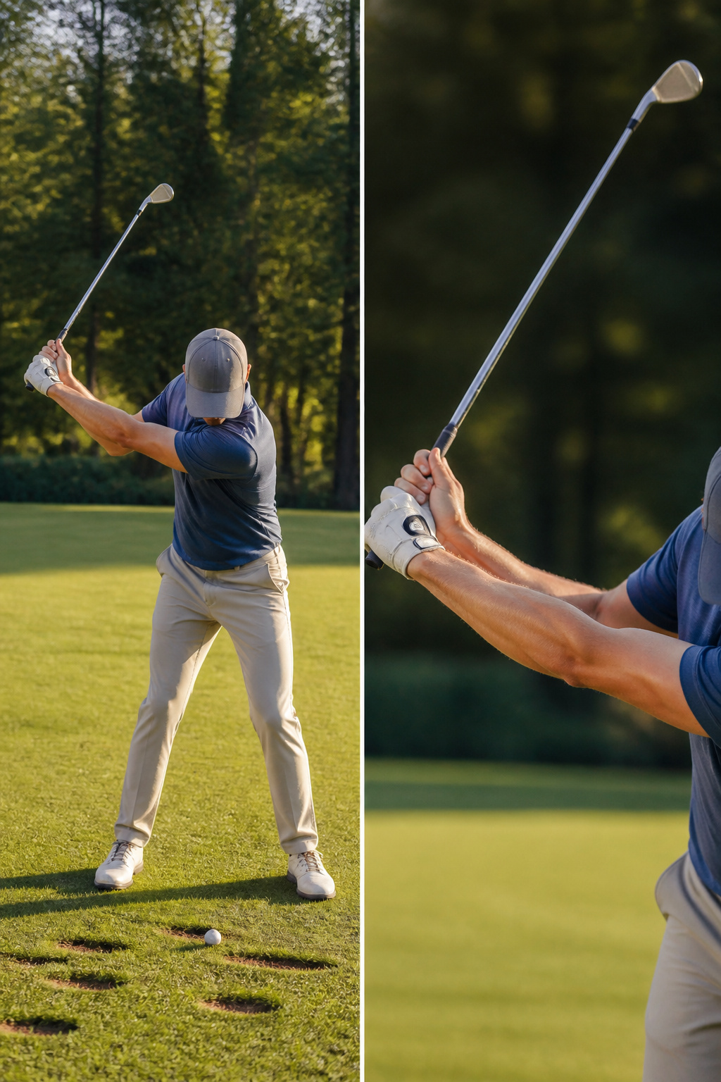 Golfer demonstrates a wide swing with relaxed left arm.