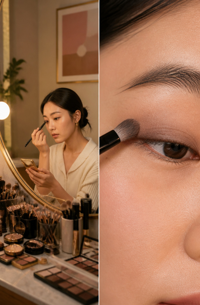 Monolid eye showing a faux crease with blended matte shadow.