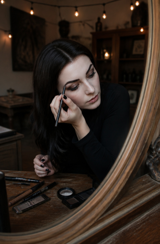 Makeup Dark Aesthetic: 5 Steps for Smoky Eyes, Plum Blush and Bold Lips 3 Model with sharply defined brows and smoky eye makeup at a wooden vanity.
