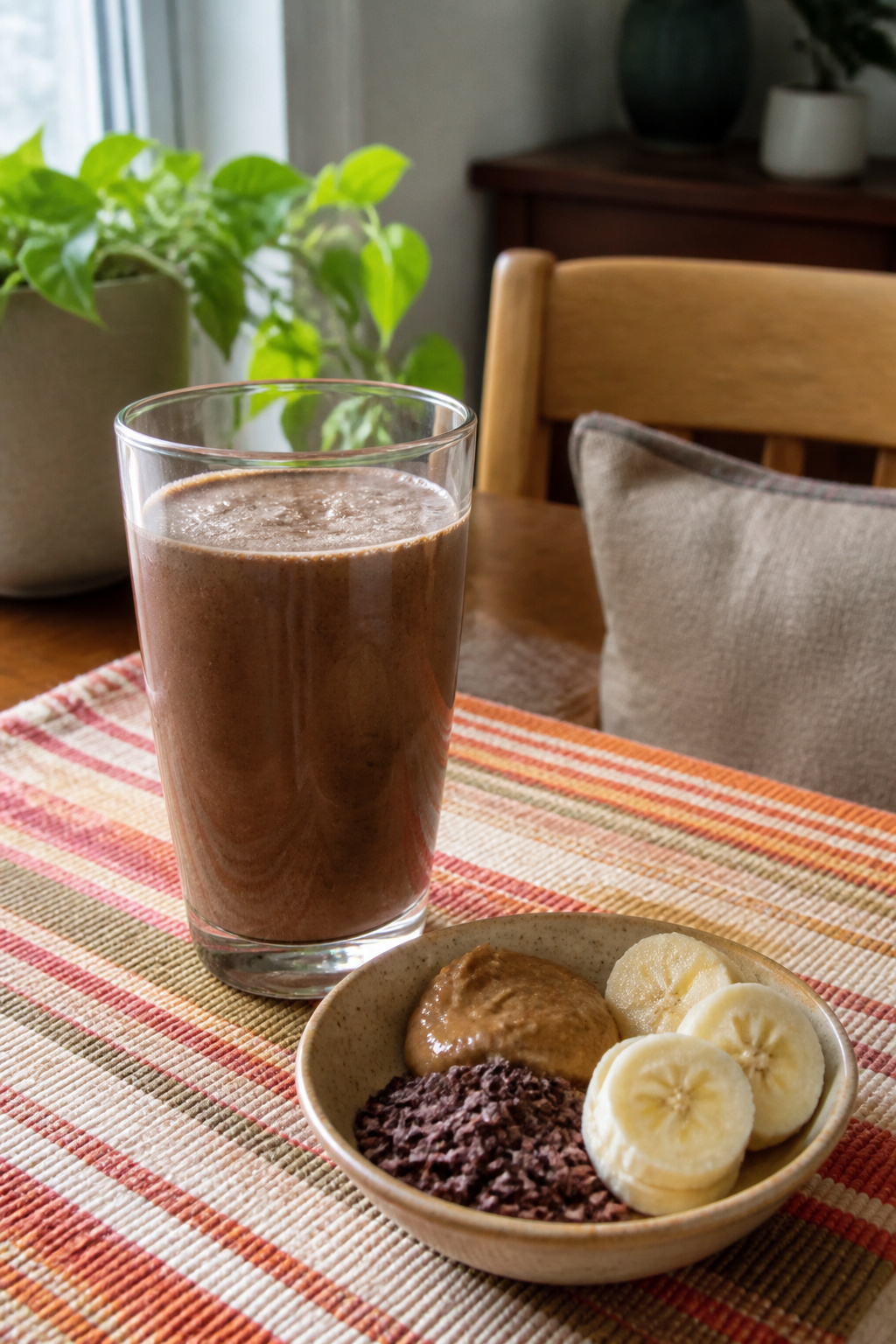 Chocolate Almond Protein Smoothie in a cozy setting with a glass and almond butter.