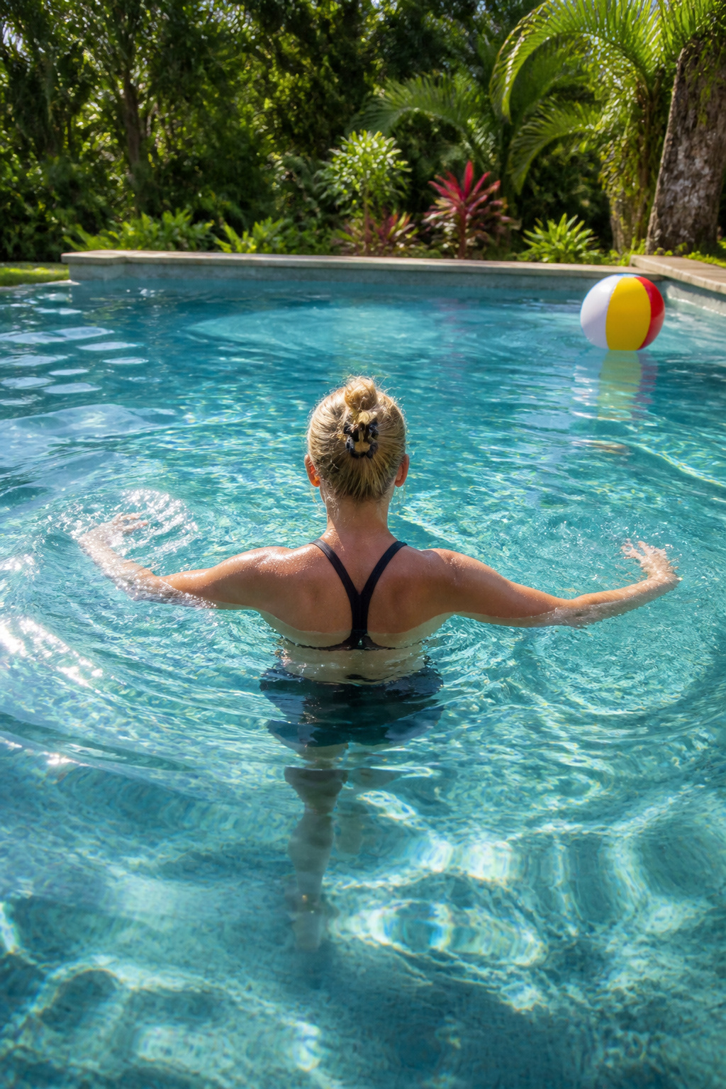 Person performing arm circles in chest-deep water.