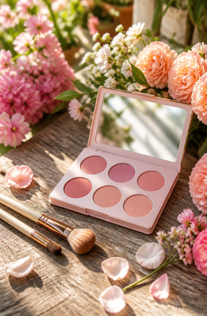 Colourpop Blush Crush palette displayed on a wooden table with flowers.