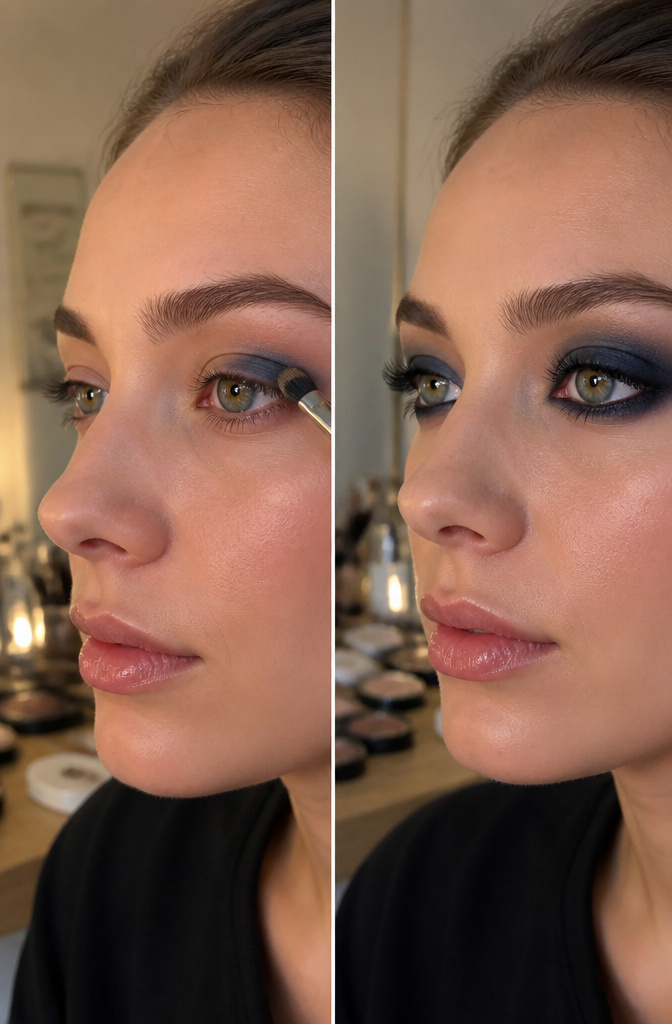 Smokey Eyes Blue: A Step-by-Step Tutorial for 2026 4 Makeup artist applying dark eyeshadow to the outer corner of an eye.