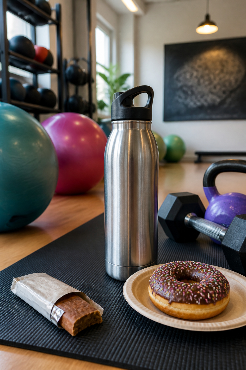 Water bottle with the phrase about donuts on an exercise mat surrounded by weights.