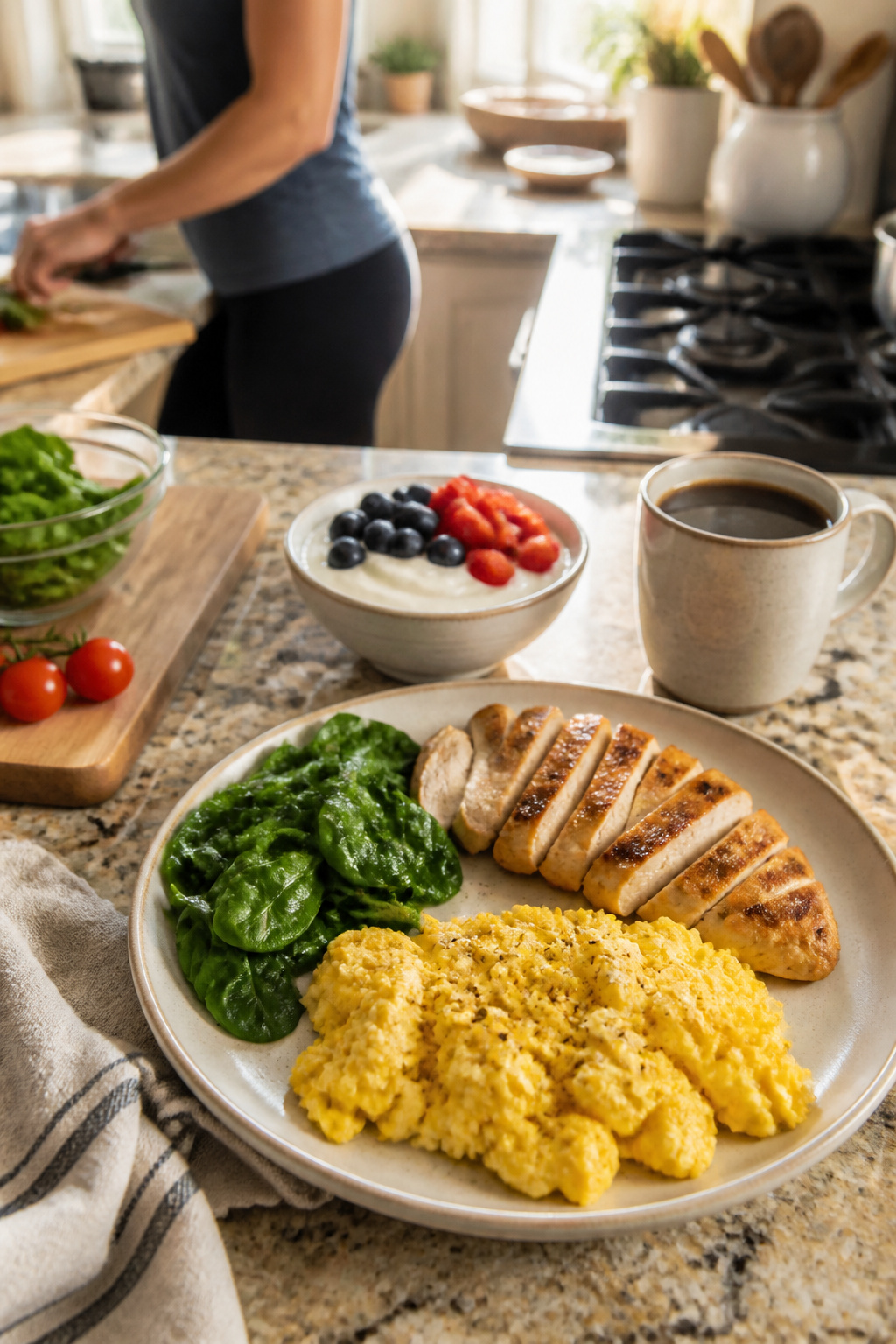 Scrambled eggs, grilled chicken, spinach, and yogurt with berries on a plate.