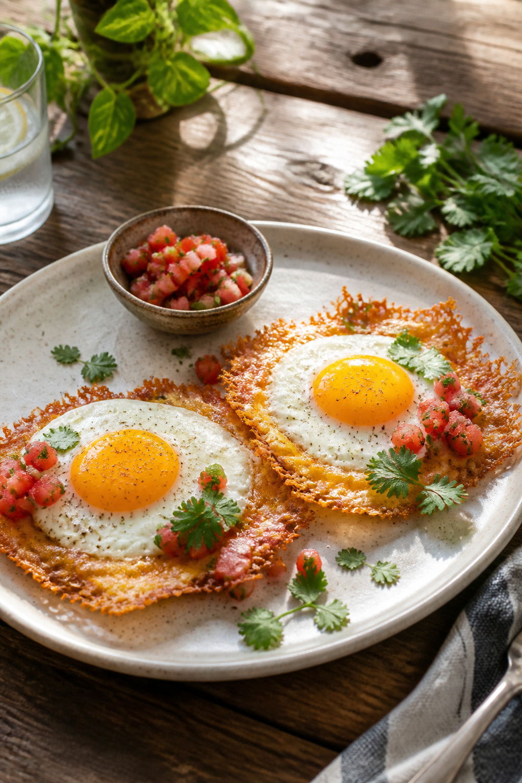 Two frico fried egg tostadas with sunny-side up eggs and cilantro.
