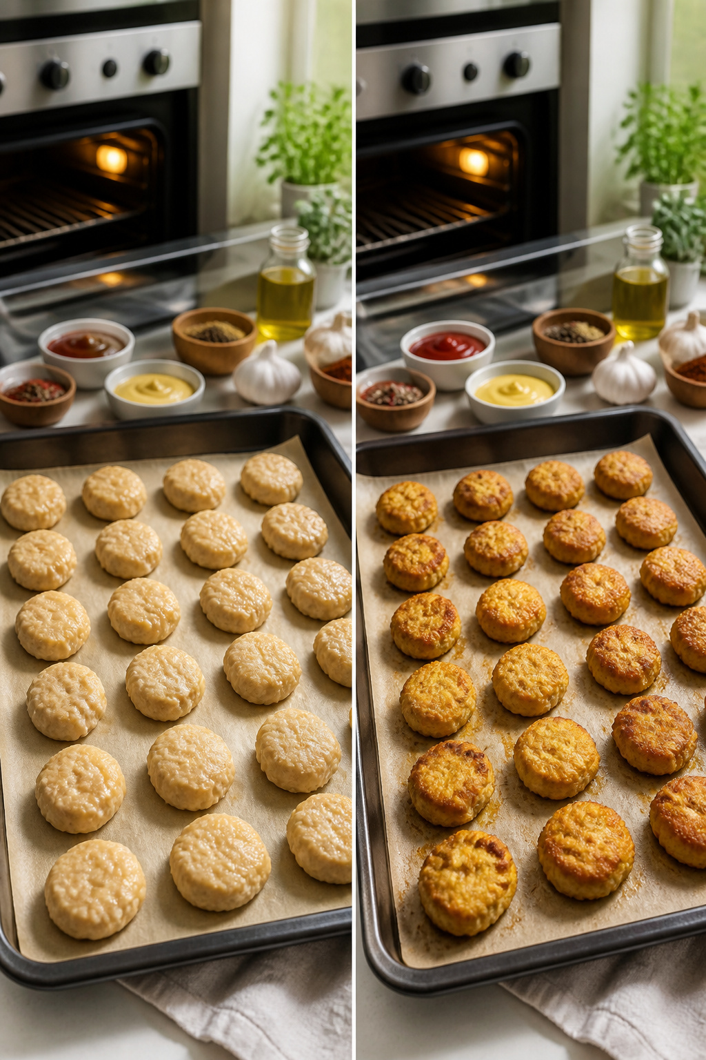 Baking chicken nuggets on a parchment-lined baking sheet.