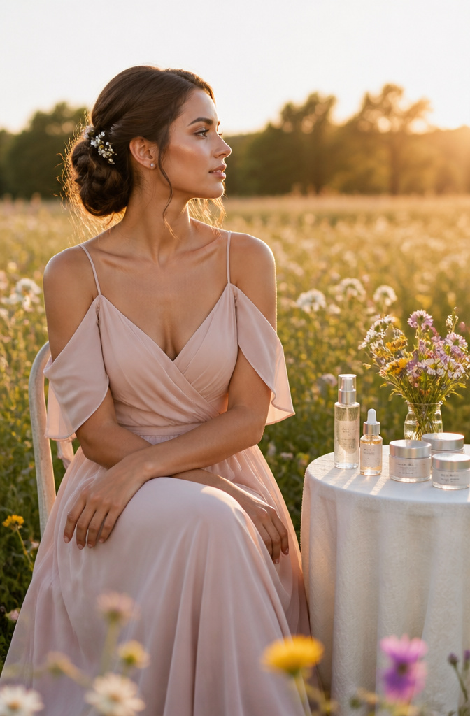 Bridesmaid with glowy makeup in a sunlit meadow.