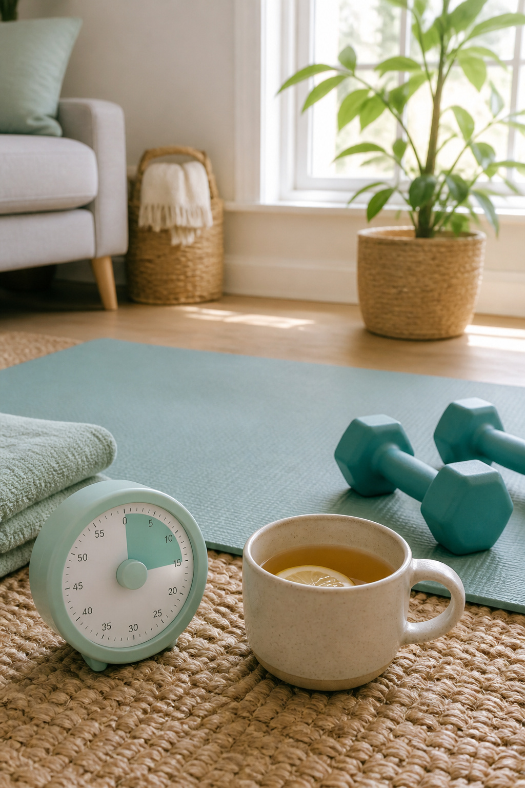 A timer, yoga mat, and dumbbells in a cozy home setting.