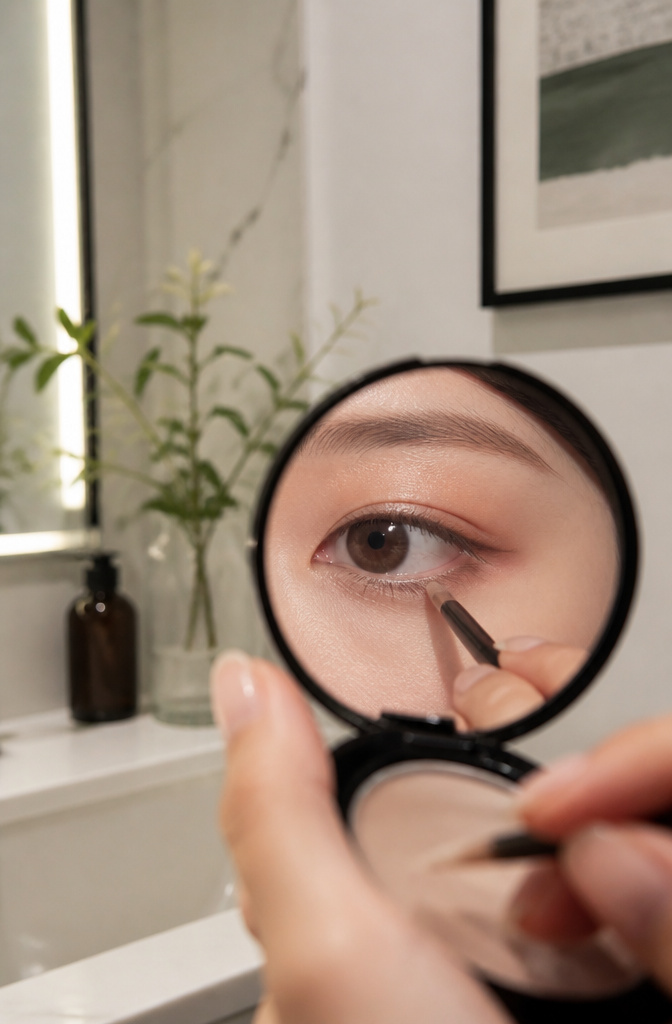 Close-up of a monolid eye with defined lower lash line and blended liner.