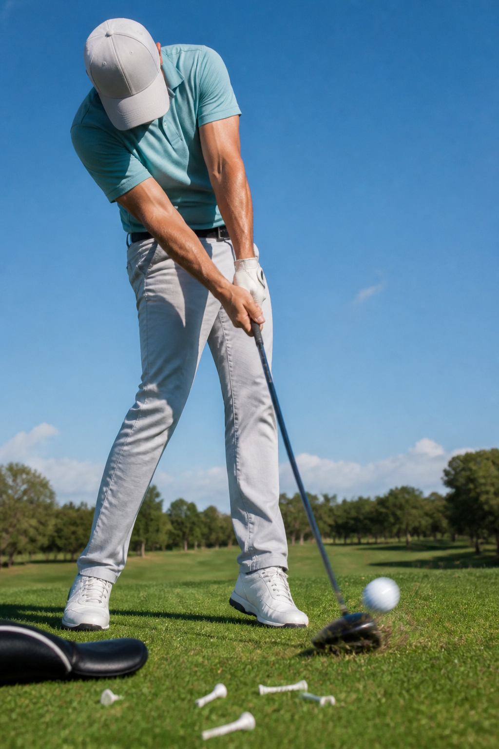 Golfer strikes the ball with a straight left arm at impact.