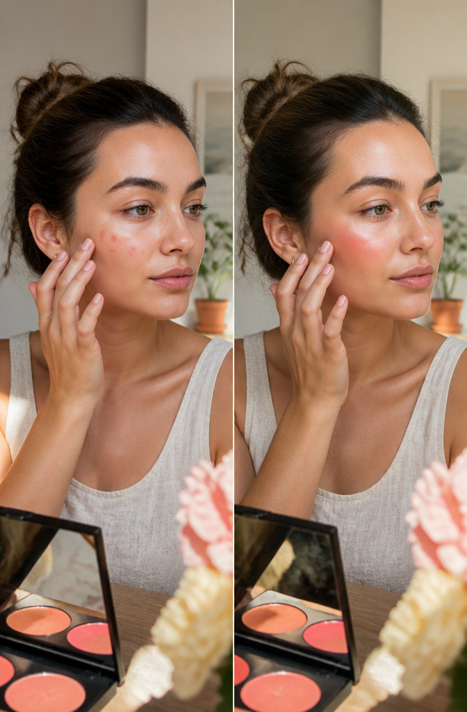 Subject applying cream blush to the tops of their cheekbones.