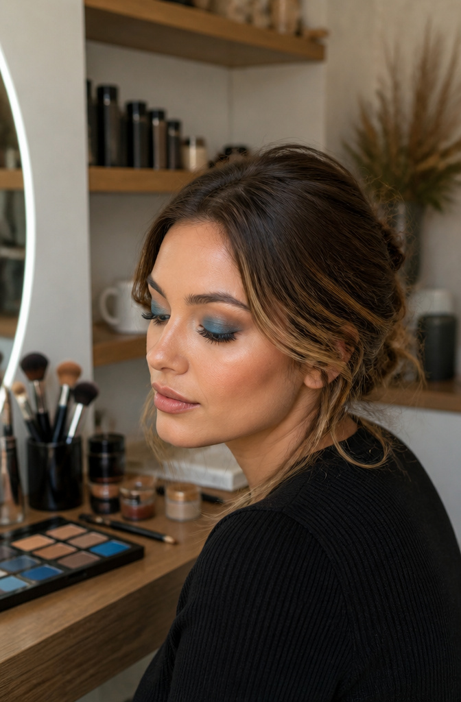 Model's eyes with mink-brown and vibrant blue eyeshadow blended.