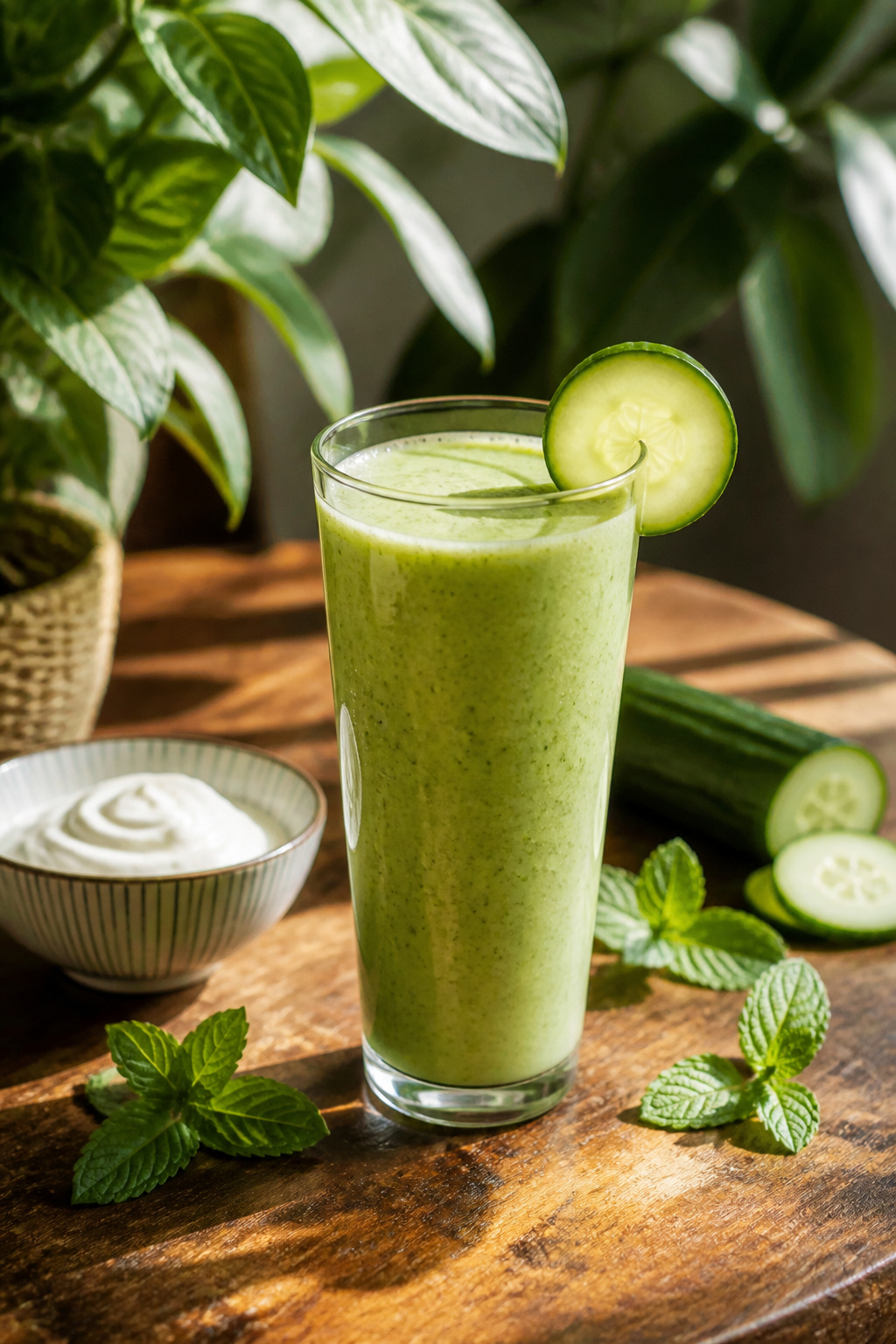 Cucumber Detox Recovery Smoothie in a glass with fresh green plants in the background.