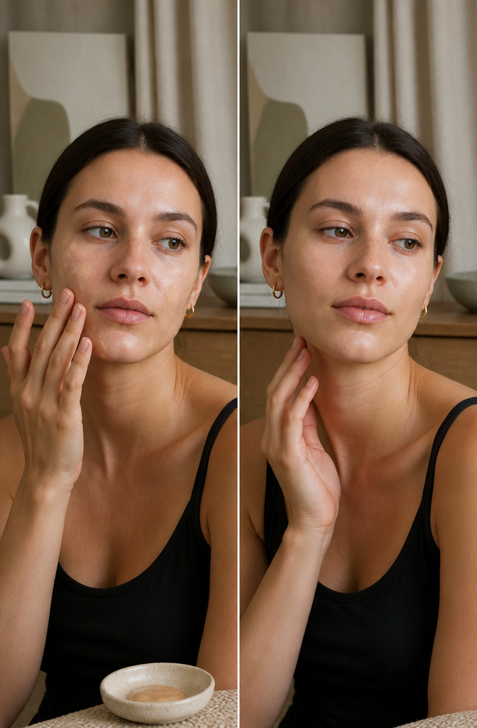A model applying foundation with upward strokes on her face.