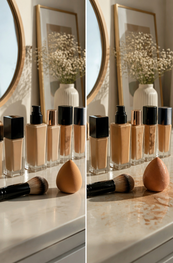 10 Steps to a Flawless Makeup Look (2026 Guide) 4 Foundation bottles displayed on a countertop with a compact mirror.
