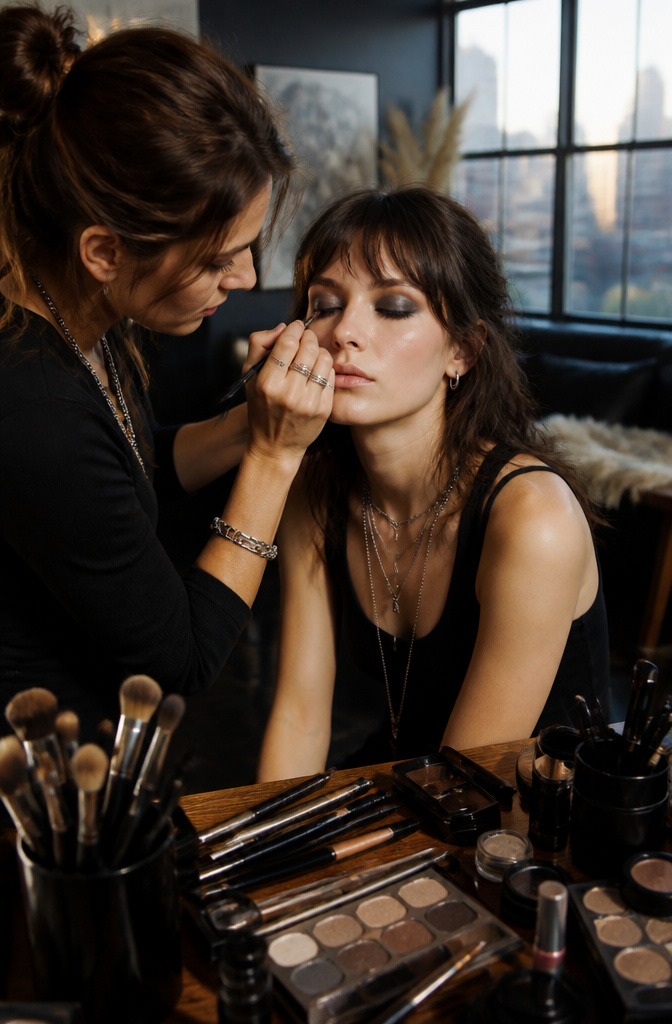 Makeup artist applying gray eyeshadow on model's eyelids.