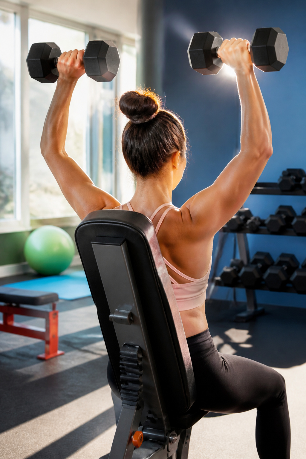 Individual seated, pressing dumbbells overhead.