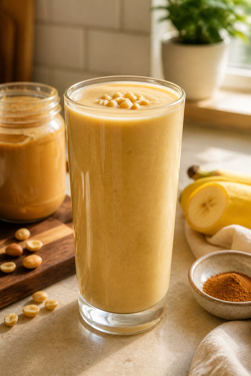 Peanut Butter Banana Lean Smoothie in a glass with a banana nearby.