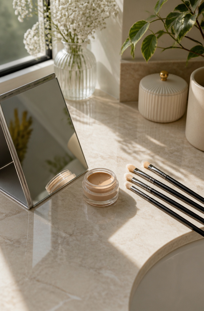 10 Steps to a Flawless Makeup Look (2026 Guide) 5 A jar of concealer next to a compact mirror and mini brushes.