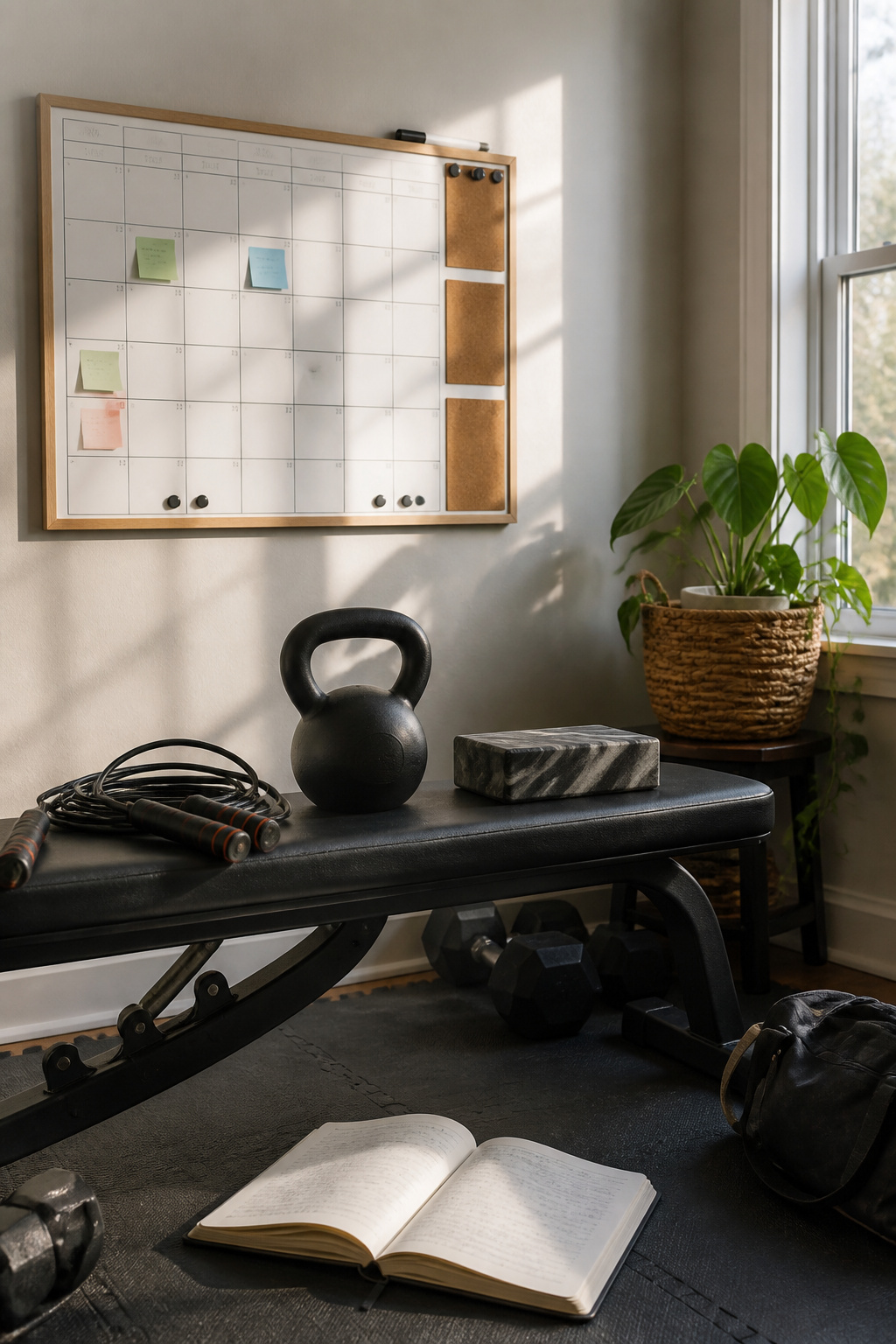 A calendar filled with workout schedules and healthy meal plans.