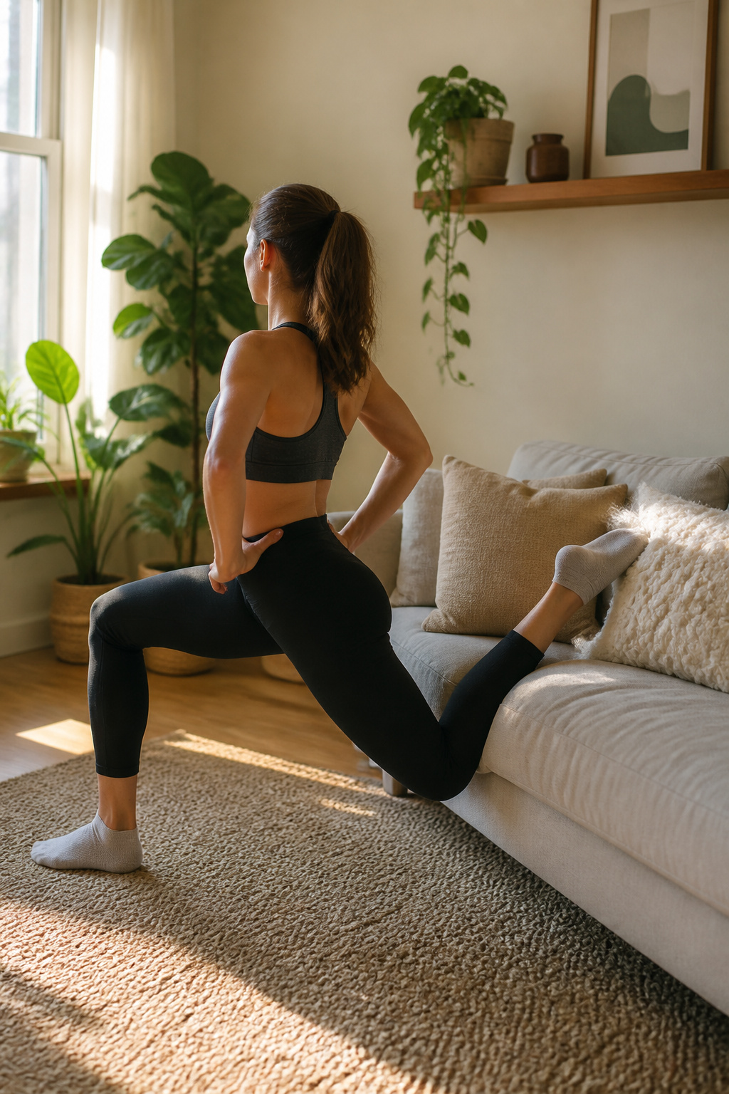Individual demonstrating the couch stretch with knee resting on a couch.