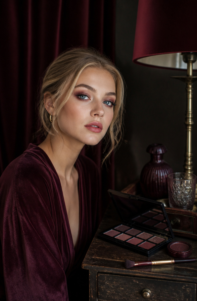 Model showcasing burgundy eyeshadow around her blue eyes.