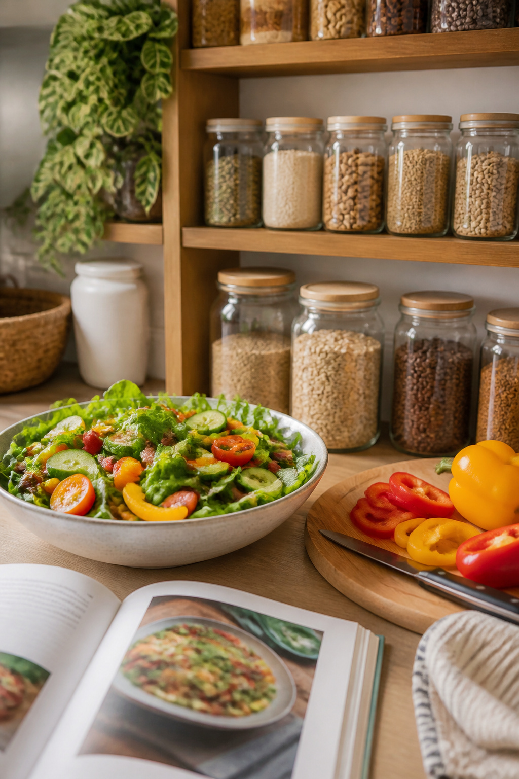 A pantry filled with jars of grains and a vibrant salad bowl.