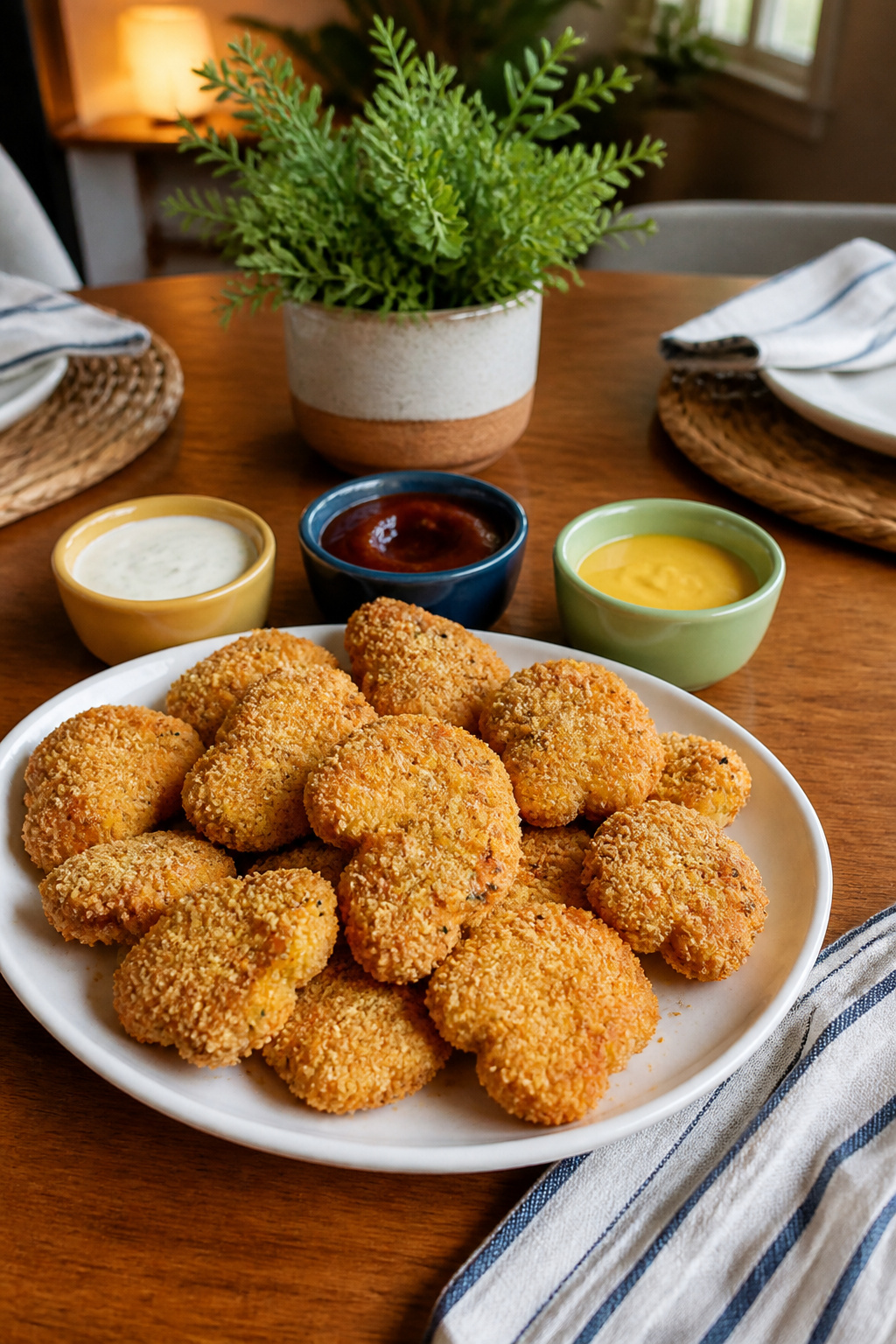 Dipping sauces like ranch and barbecue next to chicken nuggets.