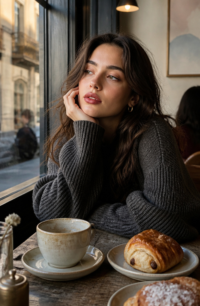 A model with blurred oxblood lipstick in a café.