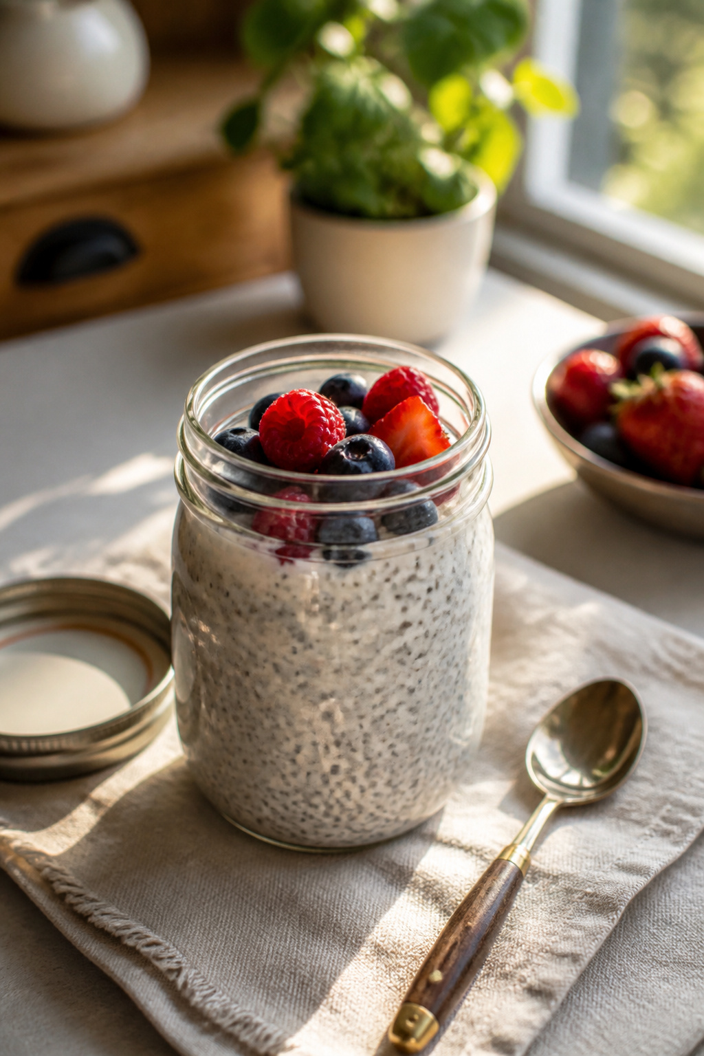Chia pudding in a jar, topped with berries and vanilla flecks.